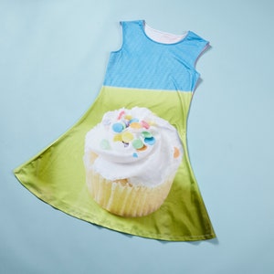 IN STOCK- DRESS ADULTE, clothing, fabric, food image, photo, kitchen, funny, humor, comic, polyester, pink, blue, green, cake, cupcake