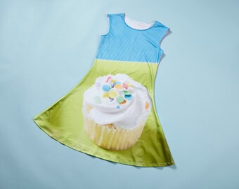 IN STOCK- DRESS ADULTE, clothing, fabric, food image, photo, kitchen, funny, humor, comic, polyester, pink, blue, green, cake, cupcake