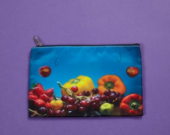 Make-up pouch, case, cosmetic kit, chest pencils, food, photo, funny, makeup bag, blue, ocean, seafood, vegetables