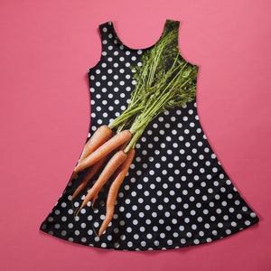IN STOCK - DRESS, clothing, fabric, image food, photo, kitchen, funny, humor, comedy, polyester, spandex, carrot, polka dot