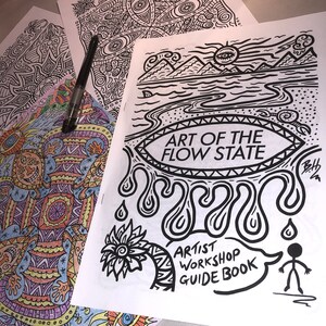 May include: Black and white colouring book with the title "Art of the Flow State" and the subtitle "Artist Workshop Guide Book". The cover features a stylised illustration of a mountain range, a body of water, and a sun with an eye.