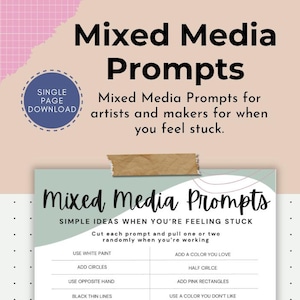 May include: A printable worksheet with mixed media art prompts. The worksheet is divided into two columns with prompts such as "Use white paint", "Add circles", "Use opposite hand", "Black thin lines", "Repeat a mark over entire piece", "Add an organic shape", "Turn clockwise painting + continue", "Add short dark lines", "Add orange", "Use 2 different greens", "Add a colour you love", "Half circle", "Add pink rectangles", "Use a colour you don't like", "Make a scribble on your piece", "Close your eyes and make marks", "Black thick lines", "Add dark blue", "Use watercolours", and "Write a word".
