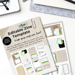 以下が含まれることがあります： ワークスペースの俯瞰図。"Collage Editable Zine Template"には「Make your very own Zine!」と「CANVA editable template」の文字。ノート、ペン、メガネ、コーヒーカップも写っています。