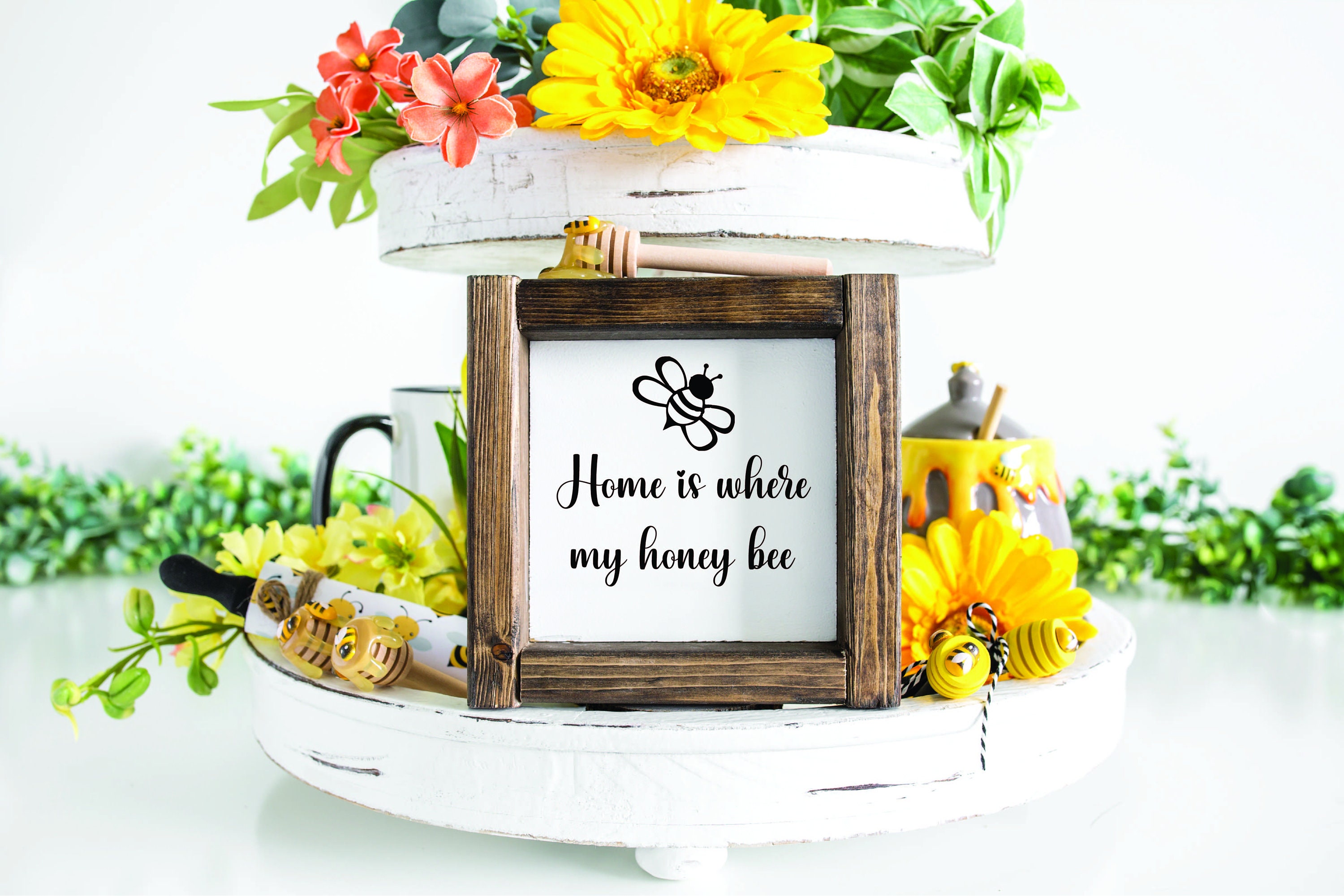 SARAH JOY'S Home is Where Your Honey is - Honey Bee Decor - Bee Kitchen  Decor - Bee Decorations for Home - Home Wall Decor Signs - Farmhouse Wall