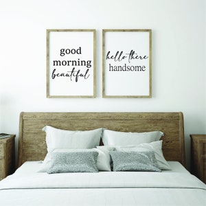 hello there handsome | good morning beautiful | set | sign set above bed | wall decor for master bedroom | bedroom wall decor |