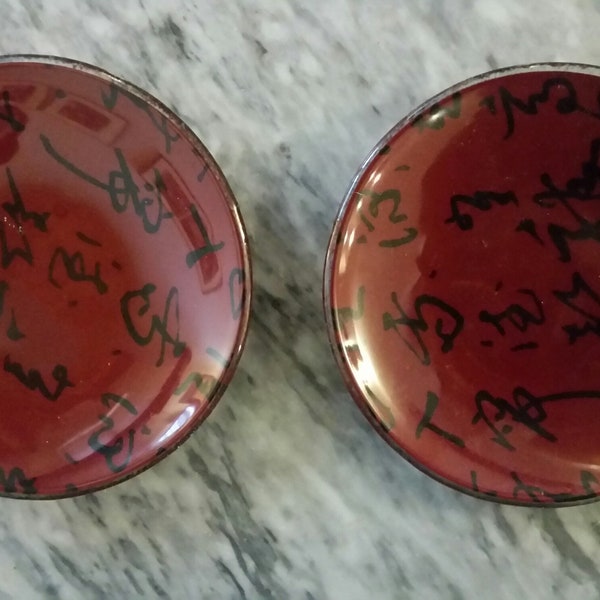 Set of 2 Hand Painted Burgundy Glass Dishes-Vide Poche-Coasters with Black Squiggles/Asian characters 5" in diam x 1/2" deep