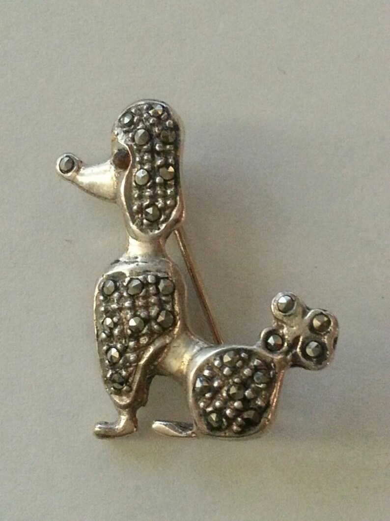 marked 925 Vintage Sterling and Marcasite Seated Poodle Brooch