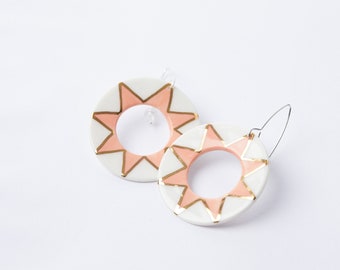 Pink And Gold Star -  Handmade Porcelain Dangle Earrings, Hand-Painted with Gold Luster