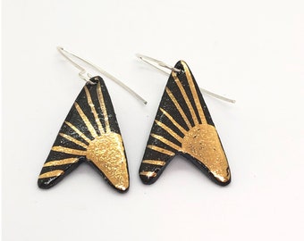 Handmade Porcelain Dangle Earrings, Hand-Painted with Gold Lustre - Golden Arrow