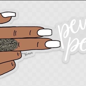 May include: A sticker featuring a brown hand with a silver ring and white fingernails, forming a gun shape. The words "pew pew" are written in a cursive font next to the hand. The sticker is designed by Sharia.