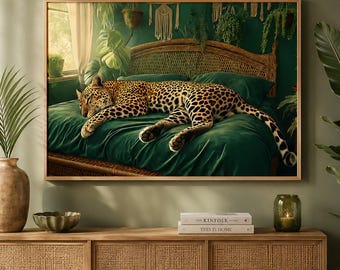 Sleepy Green Leopard Wall Art Print: Boho Bedroom Wall Decor