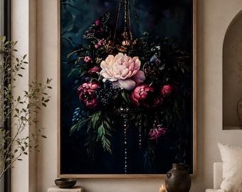 Dark Floral Burgundy Wall Art, Botanical Moody Wall Decor