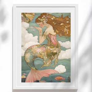 Pastel Mermaid Art Print: Whimsical Sea Goddess Coastal Decor