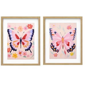 Butterfly Wall Art Prints - Pastel Pink Nursery Decor - Girly Colorful Butterfly Painting for Girls Bedroom, Playroom & Baby Shower Gift