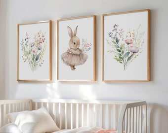 Set of 3 Bunny Nursery Prints: Floral Wall Art, Kids Bedrrom Decor