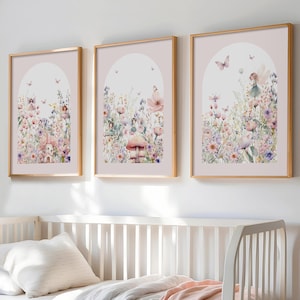 Stampe da parete per cameretta con fatine floreali rosa, stampe da parete per cameretta con fiabe fantasiose, stampe di fiori di campo, decorazioni per cameretta, stampe per cameretta per bambina