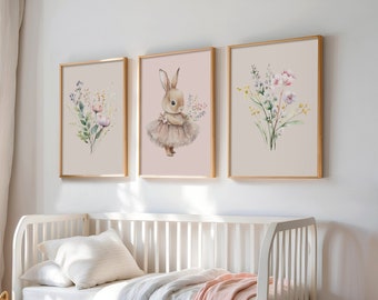 Bunny Nursery wall art prints, Wildflower floral Nursery  prints,  Girl Nursery prints, Wildflower nursery art, Flower nursery art, DOWNLOAD