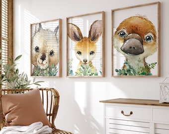 Printed set of 3 Australian Animal nursery prints, Australian  prints ,Eucalyptus animal nursery prints, Australian fauna prints,