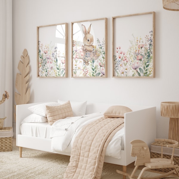 Impresiones de vivero de conejitos, arte caprichoso de la pared del vivero floral, decoración del vivero de flores silvestres, impresiones de vivero de niñas, impresiones de conejitos, impresión digital