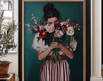 Emerald Green Abstract Woman Art Print: Woman With Flowers