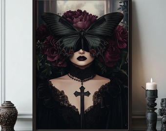 Dark Academia Woman Portrait – Moody Gothic Art Print with Moth Mask