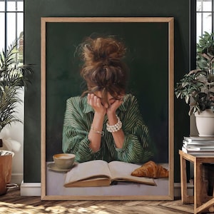 Lámina artística de mujer leyendo, retrato a rayas verde esmeralda