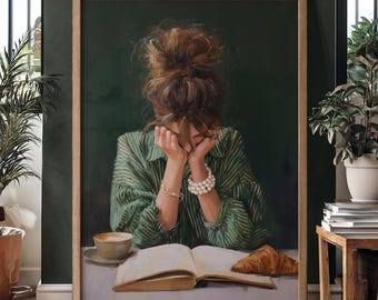 Woman Reading Art Print, Emerald Green Striped Portrait