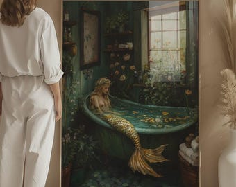 Mermaid Art: Green Botanical Bathroom Wall Decor