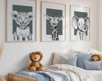Safari Animal Nursery Art Prints: Elephant, Giraffe, Lion