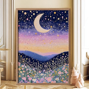 Floral Moon Print: Whimsical Boho Nursery Wall Art image 1