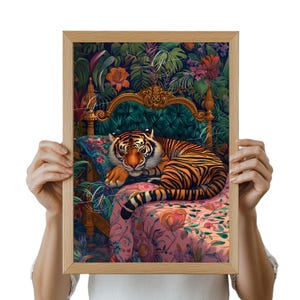 Tiger Sleeping Print: Maximalist Jungle Bedroom Wall Art