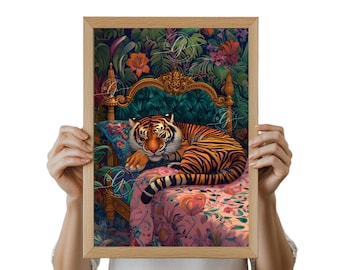 Tiger Sleeping Print: Maximalist Jungle Bedroom Wall Art