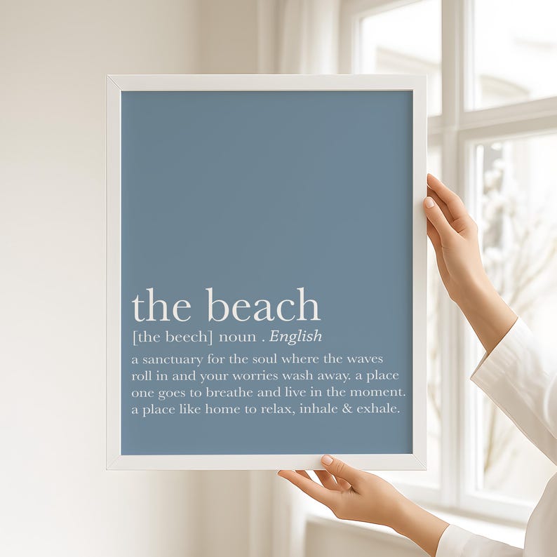 Tropical palm tree wall art set with The Beach typography print