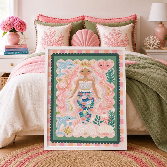 Girl's Room Mermaid Print: Whimsical Underwater Nautical Coastal Nursery Decor