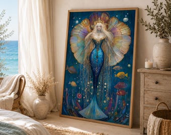 Modern Mermaid Art Print | Ethereal Underwater Scene | Indigo Blue Oceanic Fantasy Decor