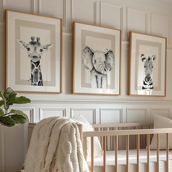 Safari Animal Nursery Prints: Boho Neutral Decor, Set of