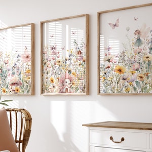 Stampe da parete per cameretta delle fate, stampe da parete stravaganti per cameretta dei bambini, decorazioni per cameretta dei bambini con fiori di campo, stampe per cameretta delle bambine, decorazioni da parete floreali boho