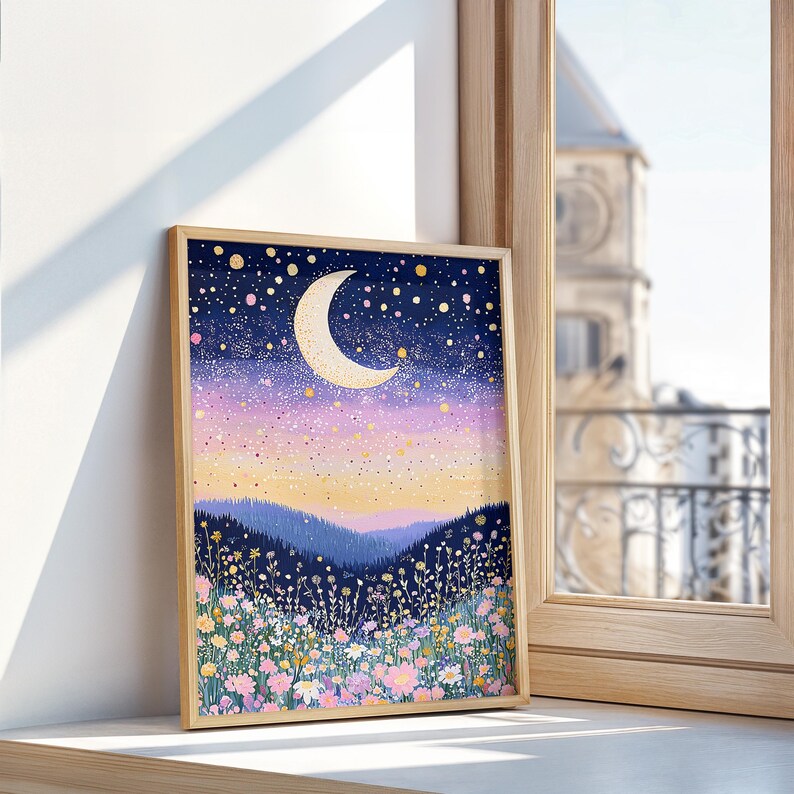 Whimsical floral moonWall Art - Girls Bedroom nursery Decor - celestial moon Print, Art floral prints wildflower bedroom decor