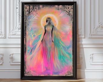 Divine Feminine Wall Art Print, Celestial Woman Artwork, Spiritual Energy Decor, Modern Goddess Poster