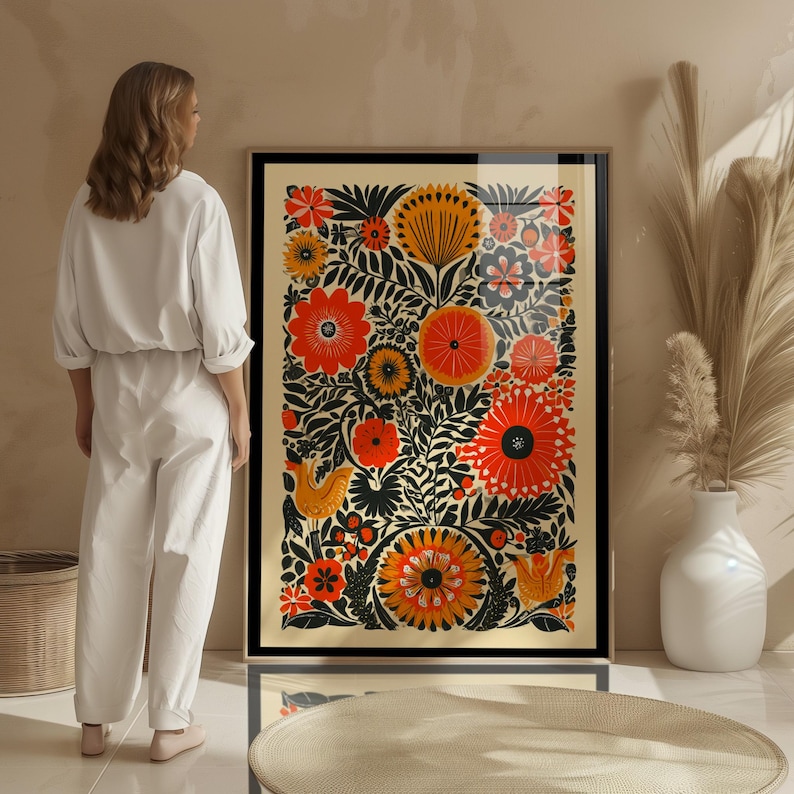 Black, orange, and cream Mexican folk art print with floral vintage design