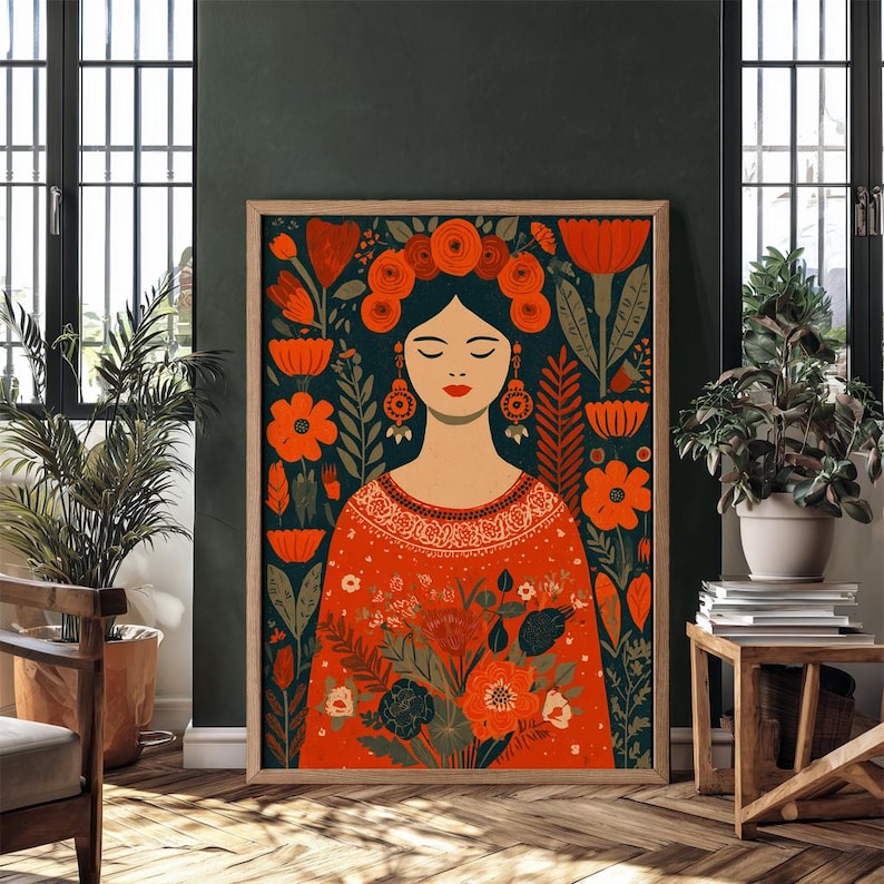 Mexican Folk Art Portrait of Woman – Rustic Floral Bohemian Wall Decor ...