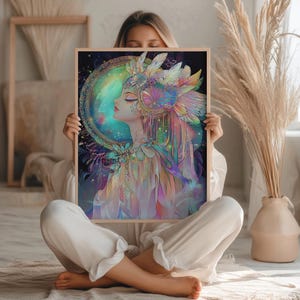 Celestial Goddess Art Print: Ethereal Moon Portrait, Boho Mystical Decor