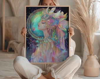 Celestial Goddess Art Print: Ethereal Moon Portrait, Boho Mystical Decor