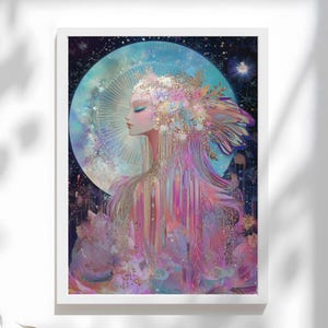 Goddess Art, Divine Feminine Moon Goddess Print, Sacred Feminine, Mother Goddess Altar Art, Celestial Feminine Celestial Decor, Gift for her