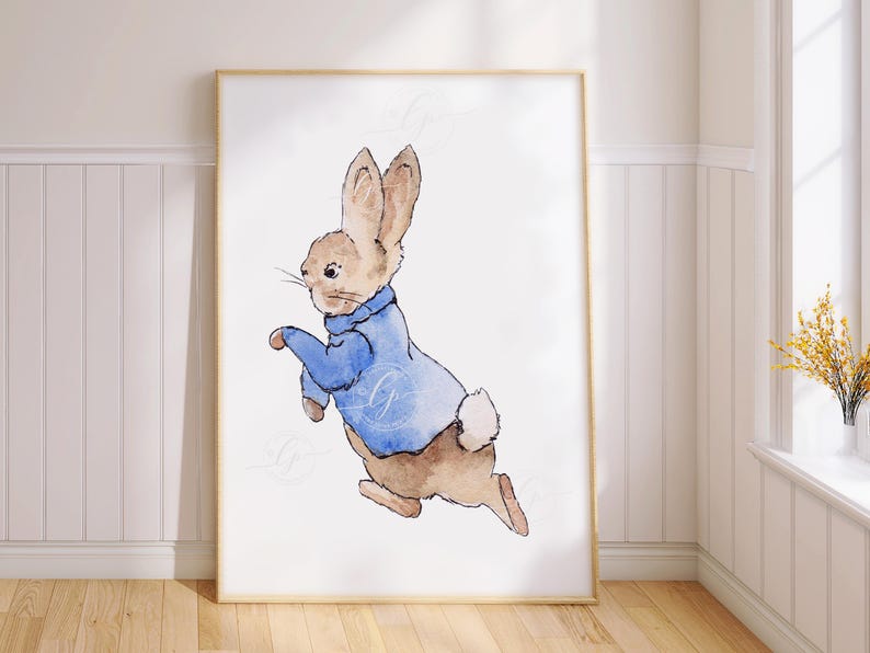 May include: A watercolour painting of a brown rabbit wearing a blue jumper. The rabbit is hopping and has its ears up. The background is white.