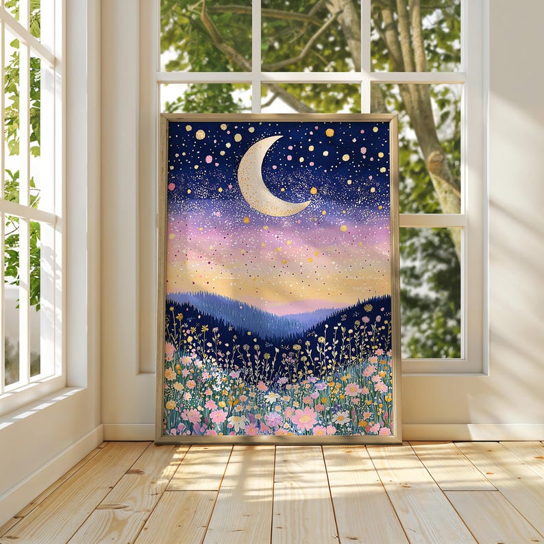 Whimsical floral moonWall Art - Girls Bedroom nursery Decor - celestial moon Print, Art floral prints wildflower bedroom decor
