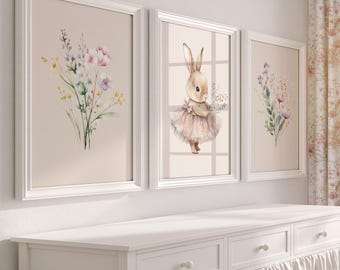 Bunny Watercolor Nursery Prints: Floral Wildflower Decor
