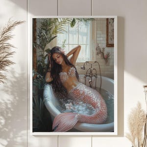 Mermaid in Bathtub Art Print: Elegant Bathroom Wall Decor