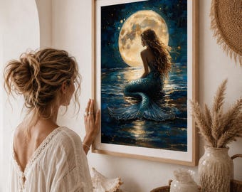 Moonlit Mermaid Wall Art, Celestial Ocean Decor, Fantasy Coastal Print