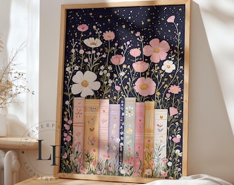 Book Lover Wall Art, Booknook Watercolor Wildflower Print, Bloomcore Stack of Books Poster, Trendy Wall Art for Readers, Bookish Girls Decor